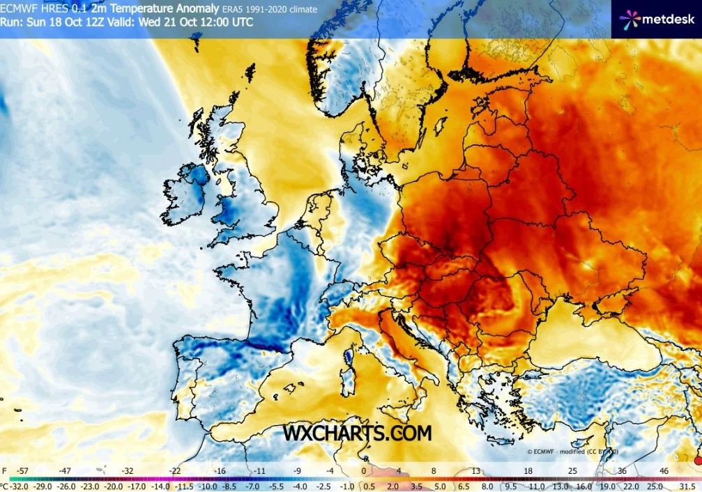 W środę w całym kraju zrobi się zdecydowanie cieplej niż w minionych dniach. Temperatury dojdą do 21 stopni Celsjusza Mapa Europy ukazuje anomalię temperatury, z intensywnymi odcieniami czerwieni dominującymi w środkowej i wschodniej części kontynentu, co wskazuje na znacznie wyższe temperatury niż średnia, podczas gdy zachodnia Europa pokryta jest odcieniami niebiesk...