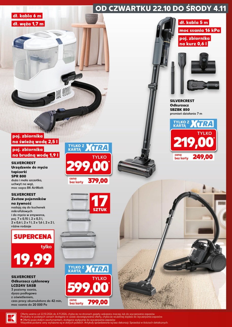 Strona gazetki Kauflandu z odkurzaczem piorącym SilverCrest SPR 800 za 299 zł z kartą XTRA i dwoma innymi odkurzaczami