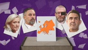 Od lewej: Marine Le Pen (Francja), Santiago Abascal (Hiszpania), Grzegorz Braun (Polska), Roberto Vannacci (Włochy). Grafika: Magdalena Piasecka