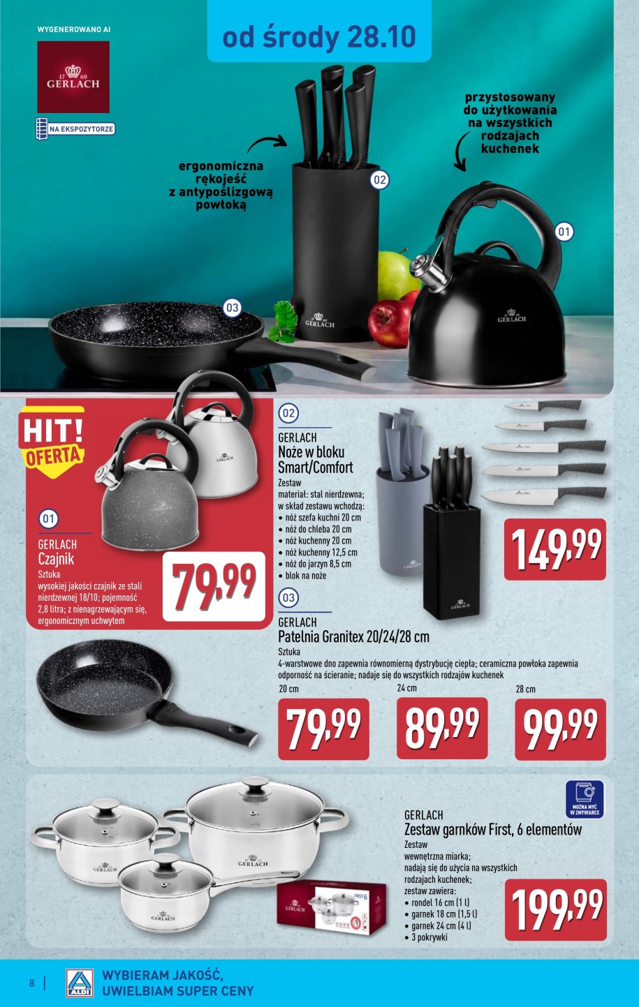 Zestaw garnków Gerlach First z trzema pokrywkami za 199,99 zł w gazetce Aldi od 28 października