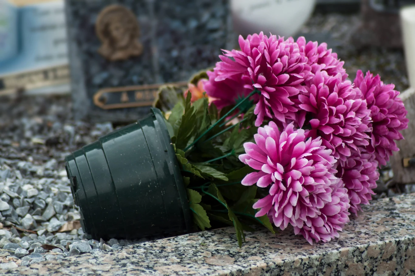 Wiązanki na grobie będą stabilniejsze. Wystarczy ten prosty trik. Przewrócona doniczka z różowymi chryzantemami na nagrobku.