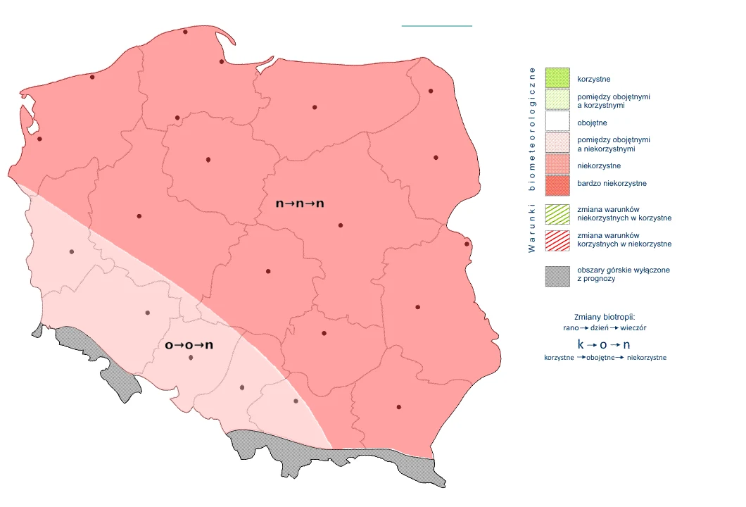 Mapa Polski z podziałem na obszary bioklimatyczne, oznaczona różnymi odcieniami różu i szarości, pokazująca strefy korzystne, niekorzystne i bardzo niekorzystne oraz granice zmienności klimatycznej; zawiera także symbole literowe wskazujące typy zmian ...
