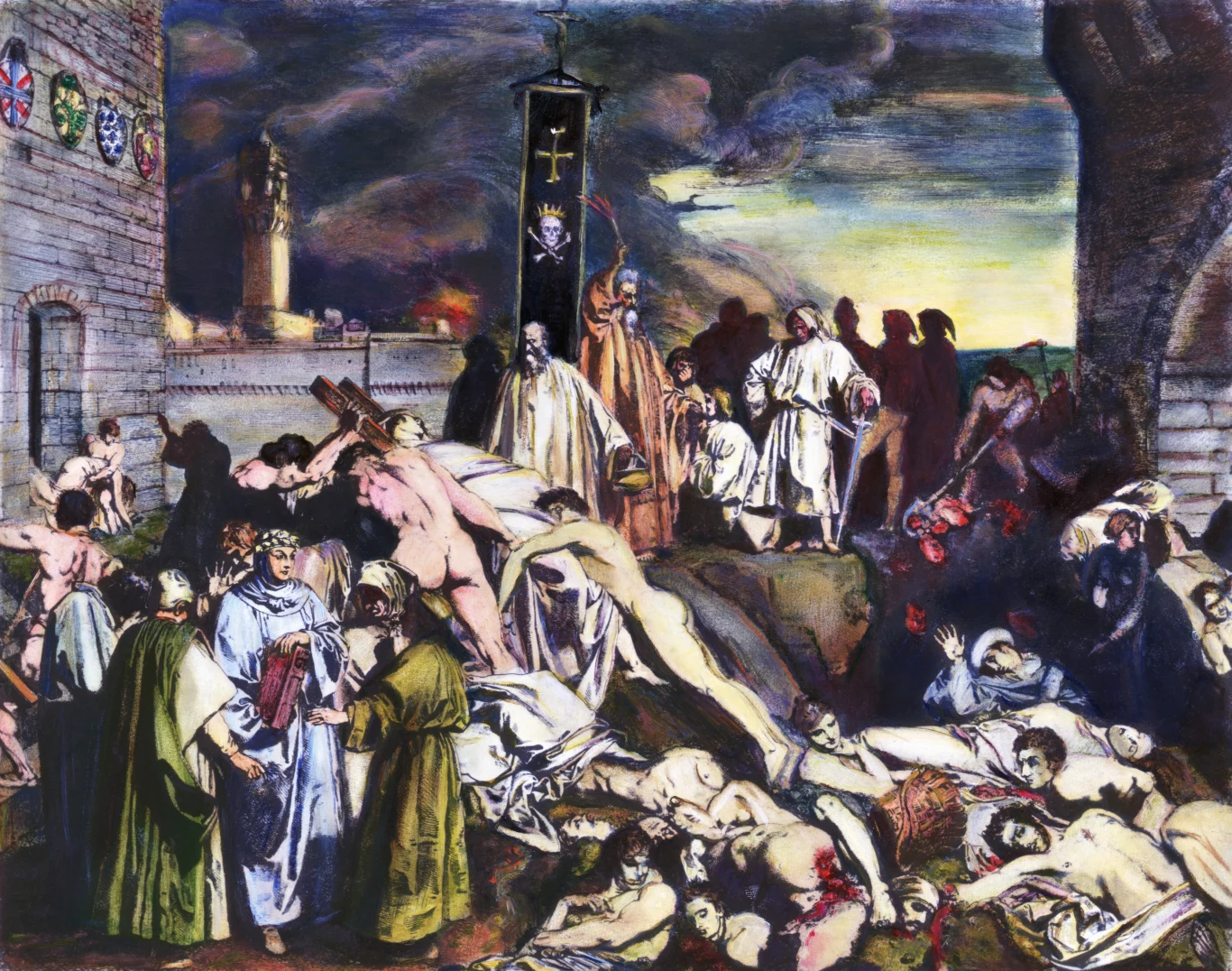 Tłum ludzi poruszających się wśród nagich, cierpiących ciał, postaci w ciemnych szatach z niosącym krzyż procesyjnym sztandarem, atmosfera chaosu i tragedii pod murami miasta z widocznymi oznakami pożaru na horyzoncie.
