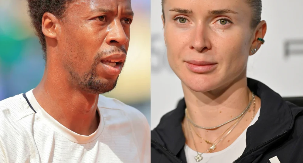 Gaël Monfils, Elina Switolina Portret dwóch osób, mężczyzny w sportowej koszulce oraz kobiety w czarnej bluzie z kilkoma naszyjnikami na szyi, widocznych na podzielonym kadrze.