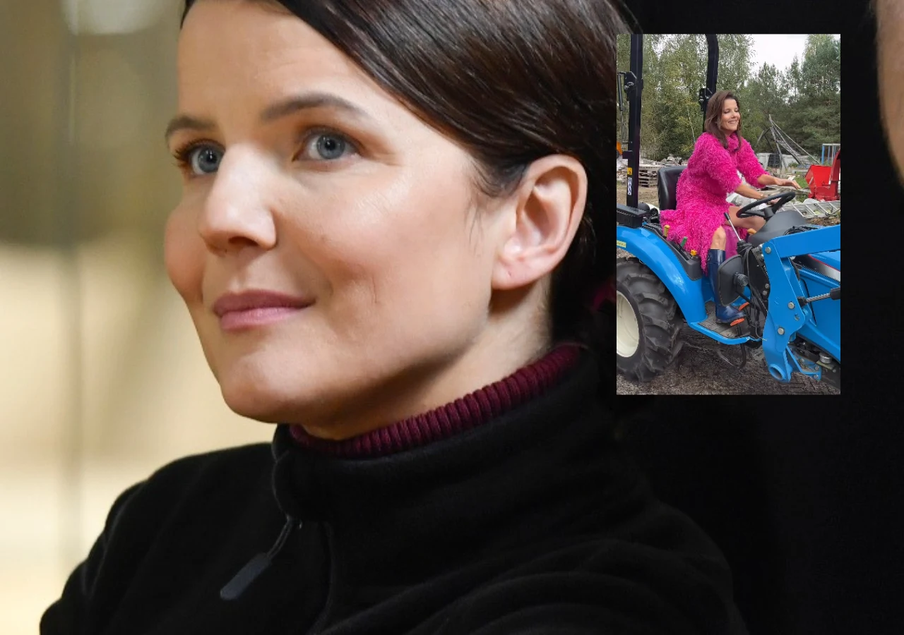 Joanna Jabłczyńska Kobieta z ciemnymi włosami upiętymi do tyłu, ubrana w ciemny golf, patrzy przed siebie; w rogu zdjęcia mniejszy kadr ukazuje ją w różowej sukience siedzącą na niebieskim traktorze.