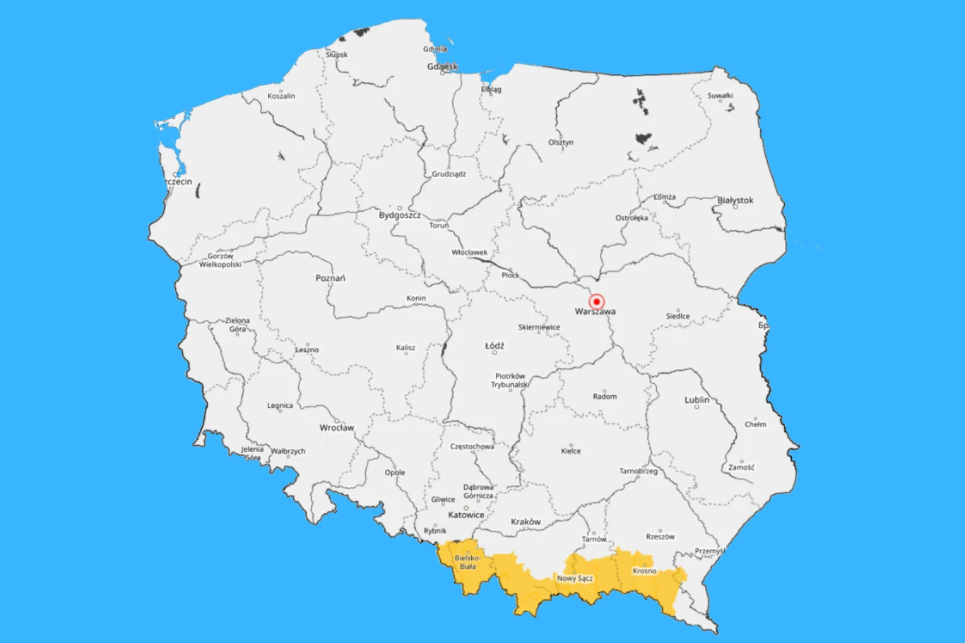 mapa Polski z zaznaczonym na żółto województwem małopolskim na południu kraju