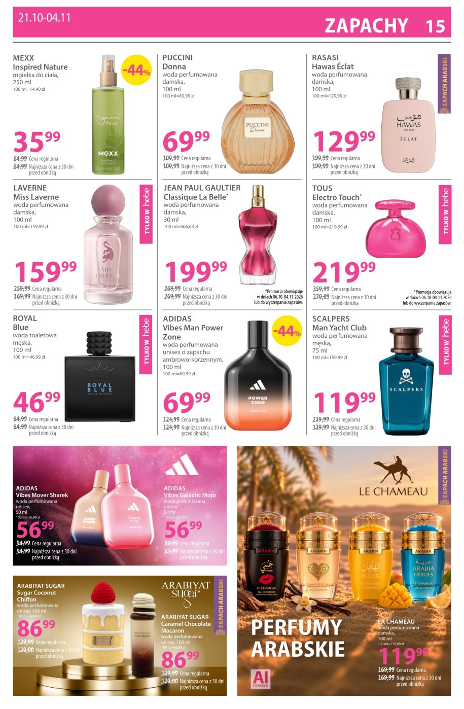 Strona z zapachami w gazetce Hebe: Adidas Vibes, Rasasi, Arabiyat Sugar i Le Chameau w cenach do 4 listopada