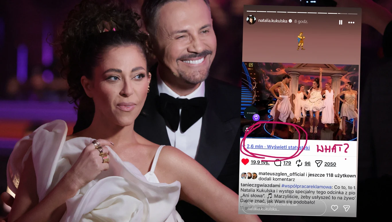 Natalia Kukulska i Krzysztof Ibisz w "TzG". Występ piosenkarki okazał się niebywałym hitem sieci Para ubrana w eleganckie stroje taneczne pozuje razem, w tle widoczny zrzut ekranu z mediów społecznościowych przedstawiający scenę grupowego występu w białych kostiumach i komentarze internautów.