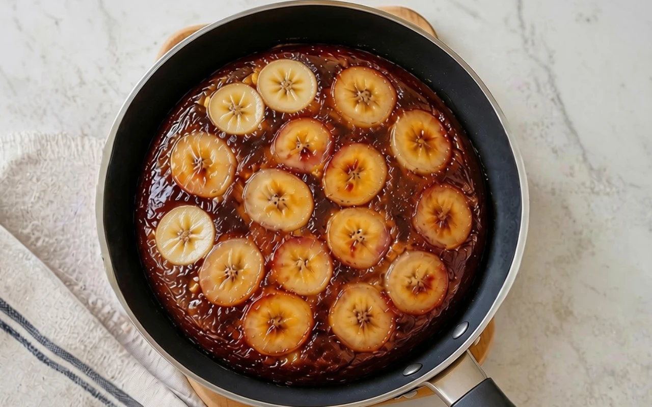 Kawałki banana ułożone w okrąg na karmelizowanej powierzchni w czarnej patelni, obok której leży składany jasny ręcznik kuchenny z ciemną linią.