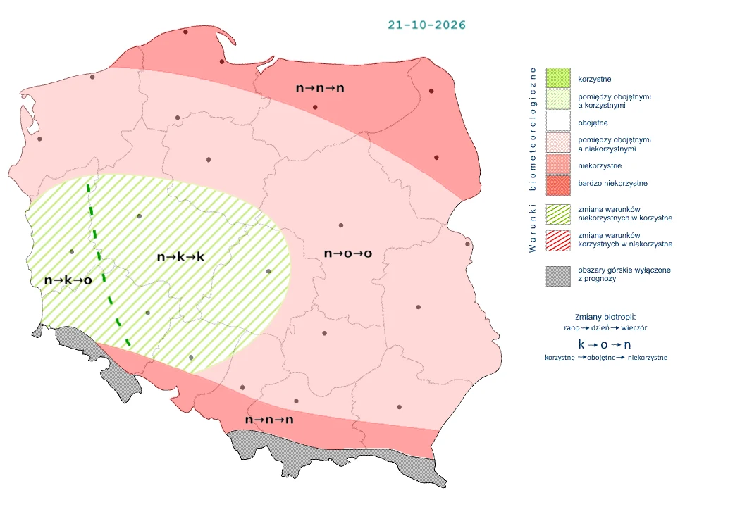Mapa Polski z podziałem na strefy biometeorologiczne na dzień 21-10-2026, oznaczone kolorami i symbolami, z obszarem korzystnych warunków biometeorologicznych na zachodzie i strefami niekorzystnymi przeważającymi na północy, południu i wschodzie kraju;...