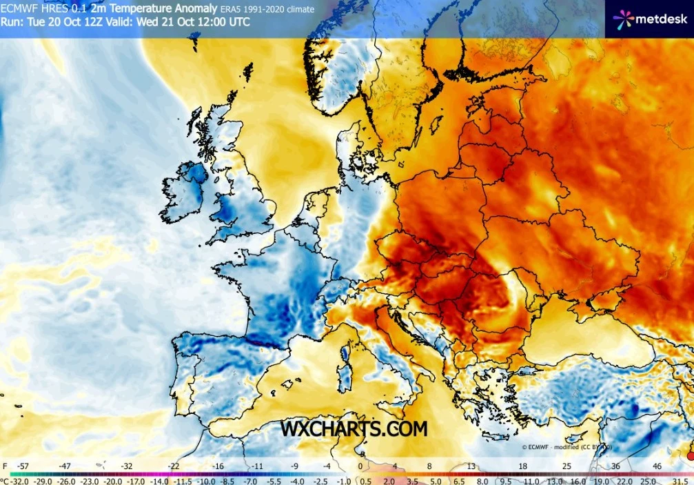 Wyraźny kontrast anomalii temperatury nad Europą z dominującymi wysokimi wartościami na wschodzie oraz obszarami chłodniejszymi w zachodniej części kontynentu.