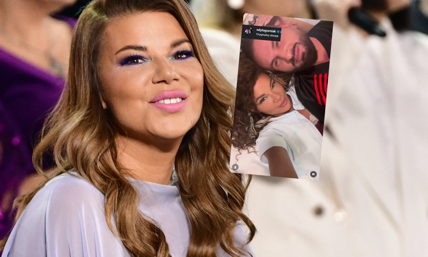 Edyta Górniak pokazała swego przyjaciela /https://www.instagram.com/edytagorniak/ Uśmiechnięta kobieta z długimi falowanymi włosami i makijażem z fioletowymi cieniami do powiek, po jej lewej stronie wyraźnie widoczna wstawka z fotografią pary podczas selfie.