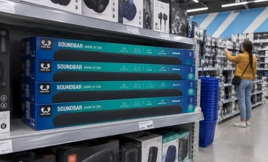 Cztery kartony soundbara Fresh ’n Rebel na półce w dziale elektroniki Action z małą białą etykietą 99,99 na listwie, w głębi alejki młoda klientka w musztardowej kurtce sięga po słuchawki