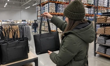 Klientka w zielonej kurtce i czapce ogląda czarną torbę przy stole z torbami w hali hurtowej, obok regały ze swetrami