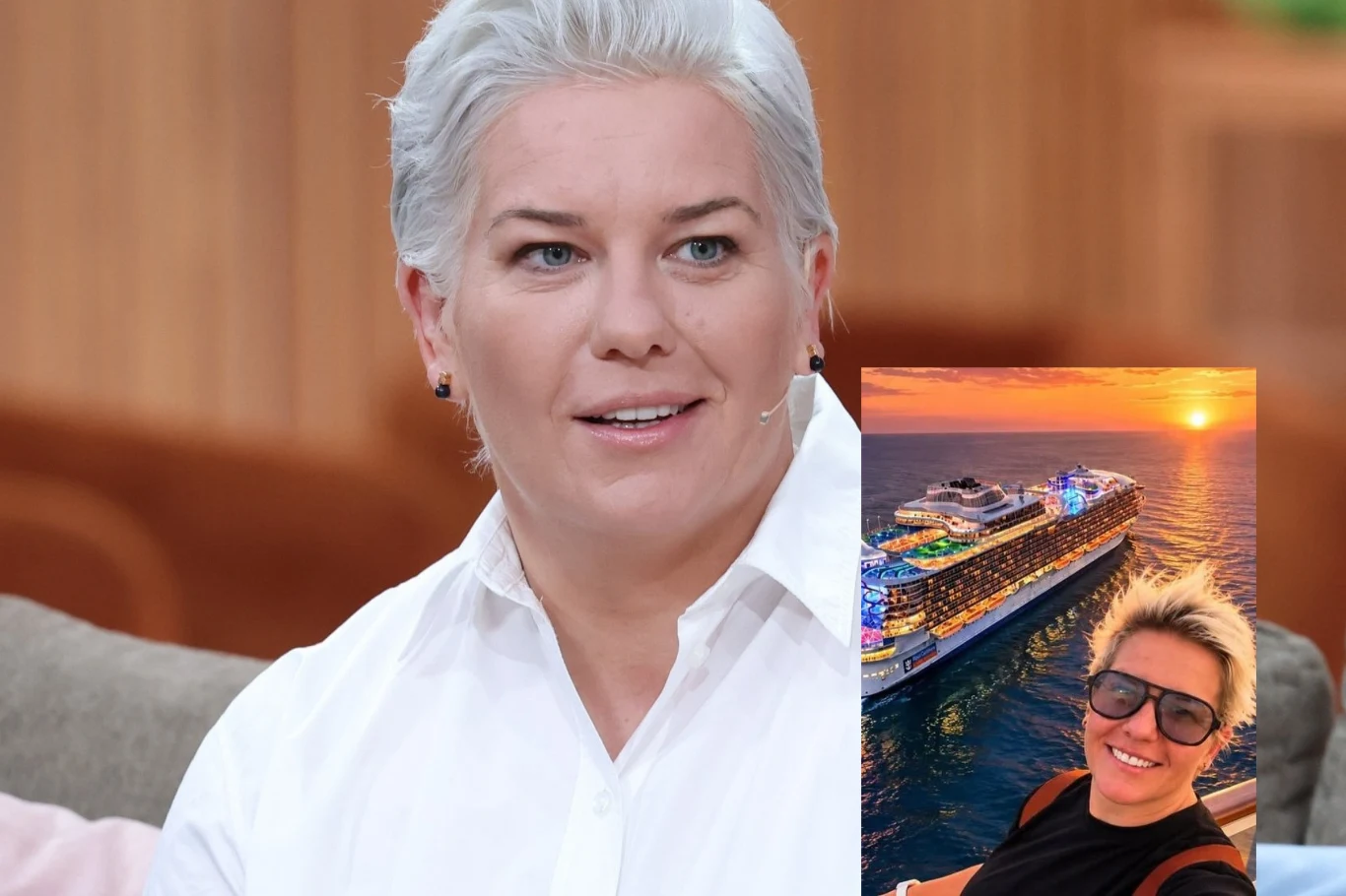 Osoba o krótkich, siwych włosach siedzi na kanapie w studiu telewizyjnym, a w prawym dolnym rogu znajduje się mniejszy kadr przedstawiający tę samą osobę w okularach przeciwsłonecznych na tle dużego statku wycieczkowego płynącego po morzu o zachodzie s...