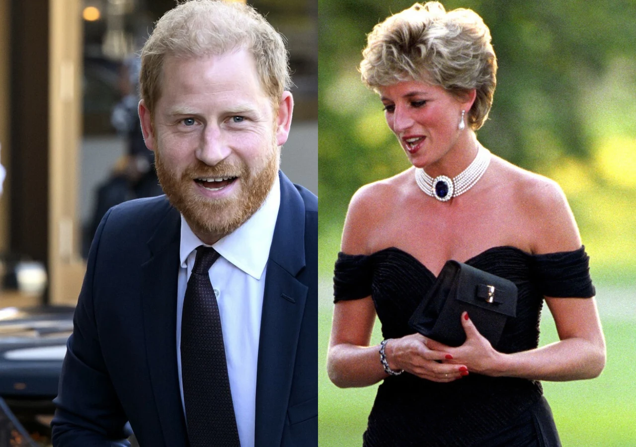 Książę Harry i księżna Diana w 1994 roku Książę Harry w granatowym garniturze i krawacie i księżna Diana, sfotografowana 29 czerwca 1994 roku w "sukience zemsty"