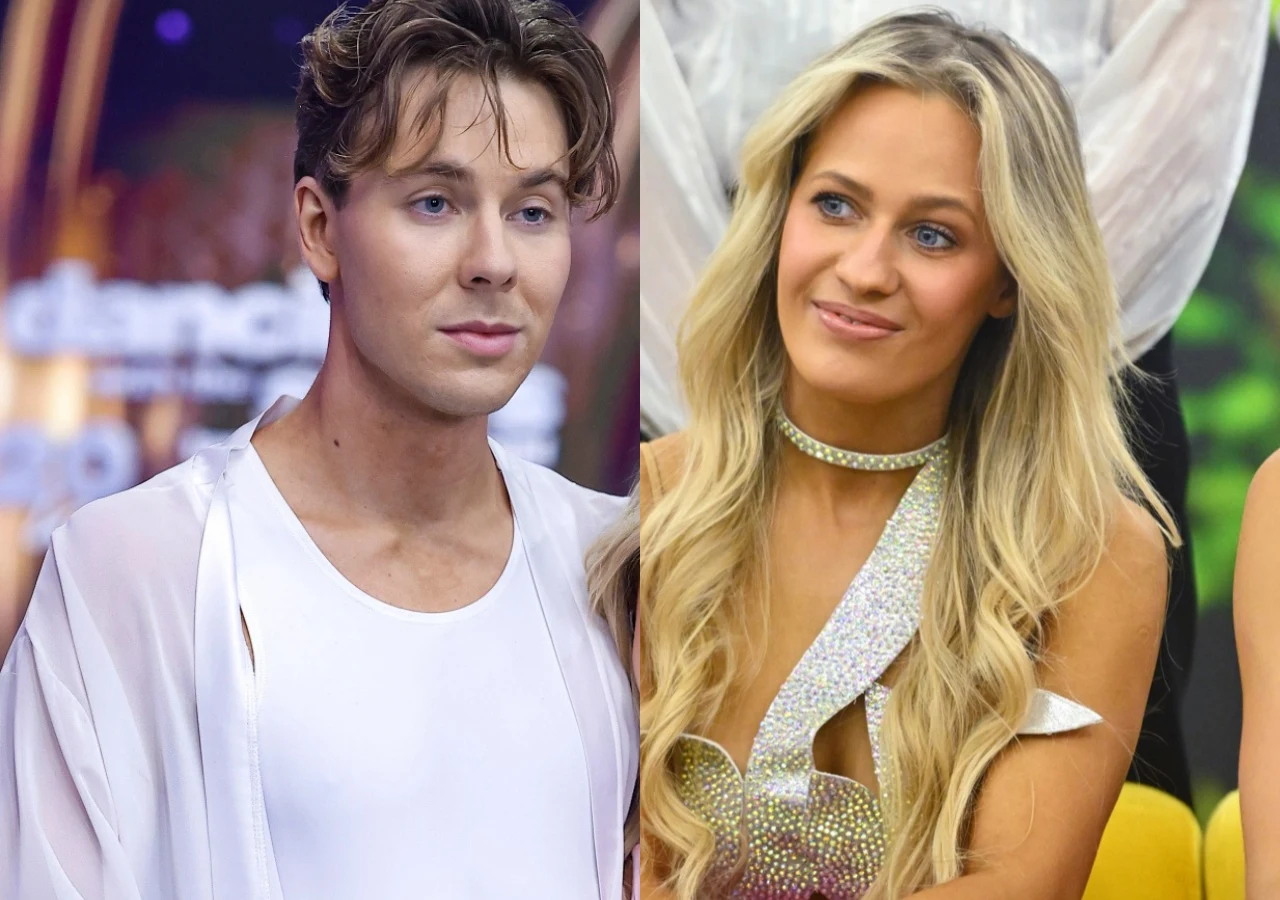 Mikołaj Bagiński i Magdalena Tarnowska Mikołaj Bagiński w białej koszuli w studiu programu "Taniec z gwiazdami" i tancerka Magdalena Tarnowska
