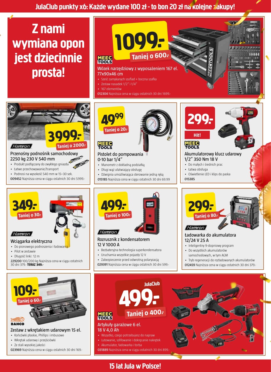 Strona gazetki Juli o wymianie opon z pistoletem do pompowania Meec Tools za 49,99 zł, ładowarką i rozrusznikiem Hamron