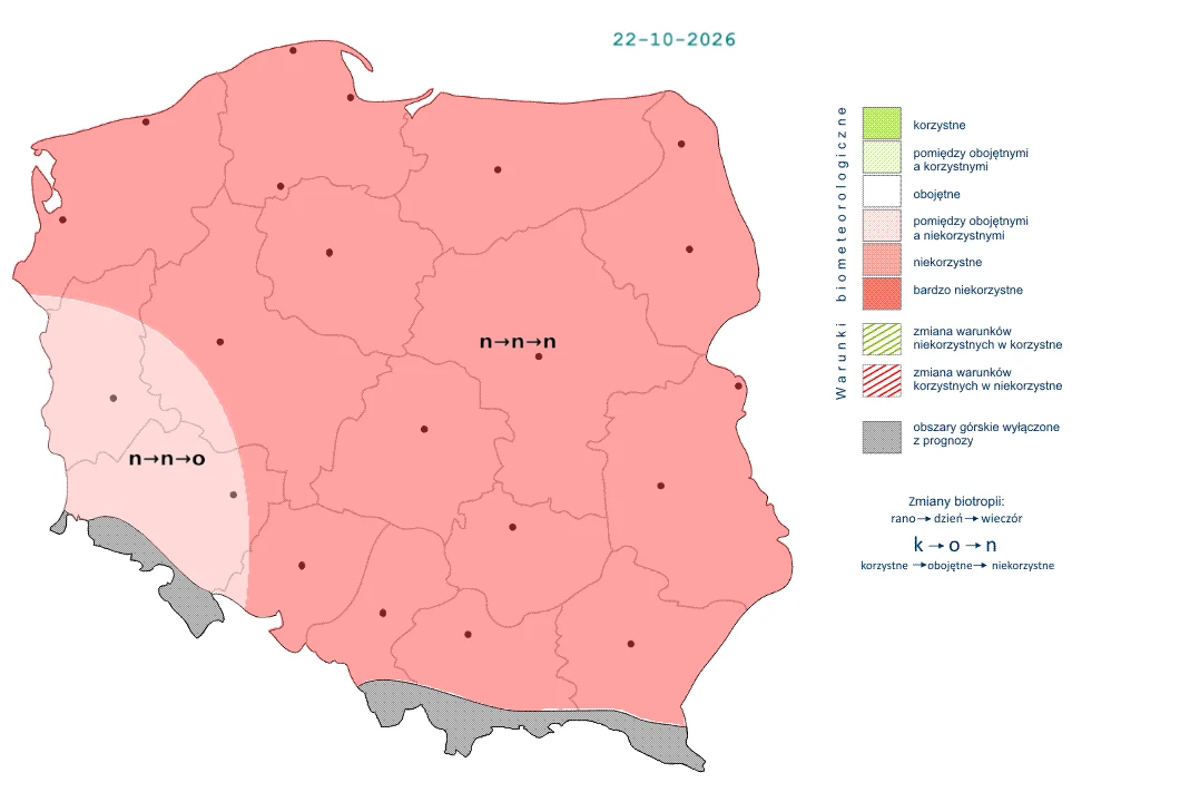 Mapa Polski z wyraźnie zaznaczonymi obszarami w kolorze czerwonym, ilustrująca bardzo niekorzystne warunki biometeorologiczne na niemal całym terenie kraju, z wyjątkiem zachodniej części o warunkach niekorzystnych oraz legendą wyjaśniającą oznaczenia z...