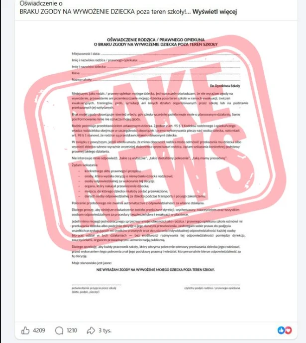 Przykładowy zrzut ekranu fałszywego oświadczenia, które pojawiło się w sieci Duży czerwony napis 'FAKE NEWS' nałożony na dokument z oświadczeniem dotyczącym braku zgody na wywóz dziecka poza teren szkoły.