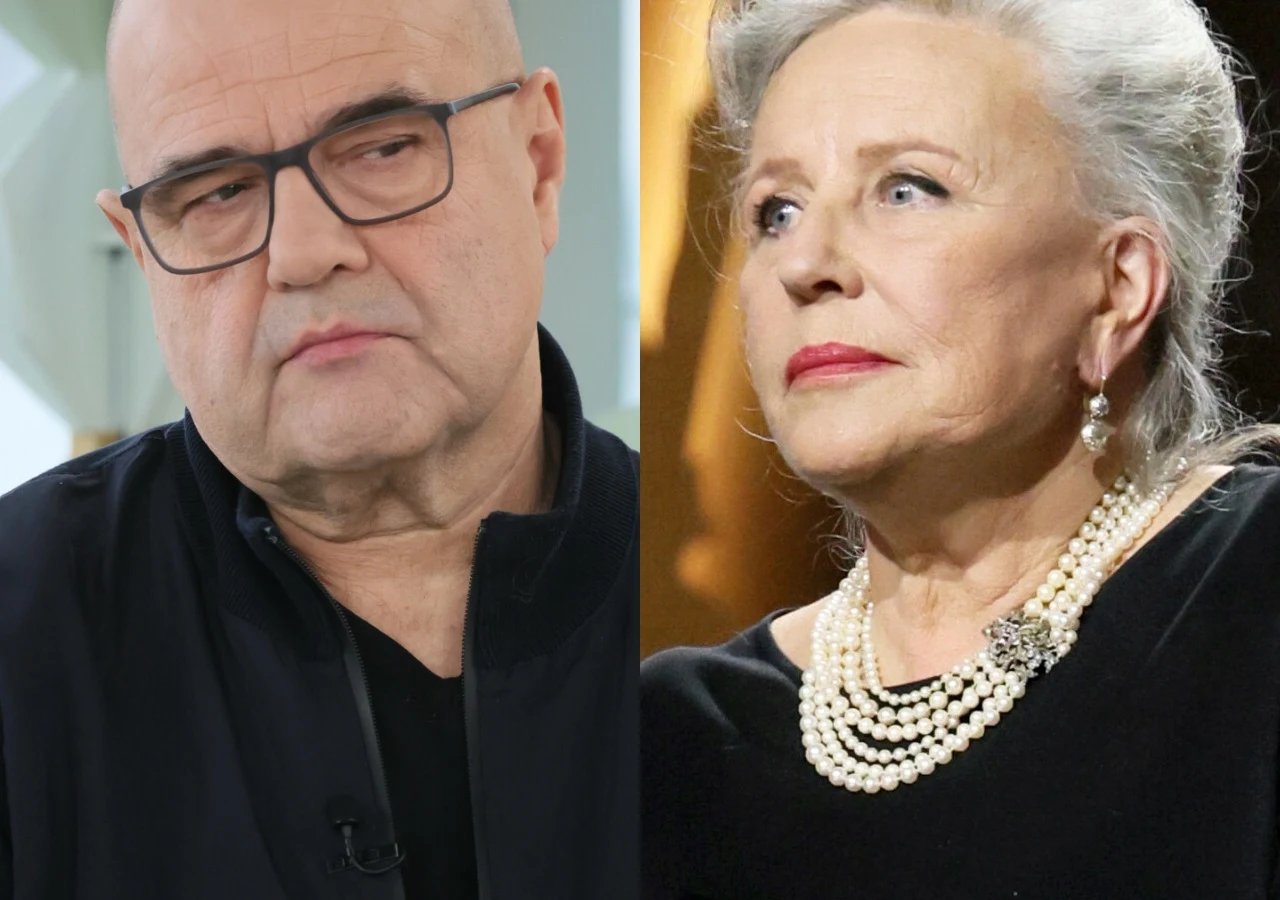 Cezary Żak, Krystyna Janda Odziani na czarno Cezary Żak w okularach i Krystyna Janda w biżuterii z pereł na zestawieniu zdjęć.
