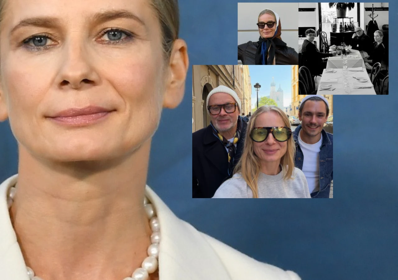 Magdalena Cielecka w zbliżeniu oraz w kolażu mniejszych zdjęć przedstawiających aktorkę w różnych sytuacjach i miejscach.