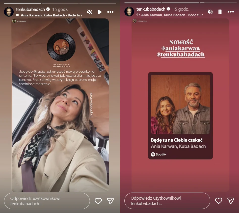 Dwa ekrany relacji na Instagramie przedstawiające Anię Karwan i Kubę Badacha oraz zapowiedź ich wspólnej piosenki.