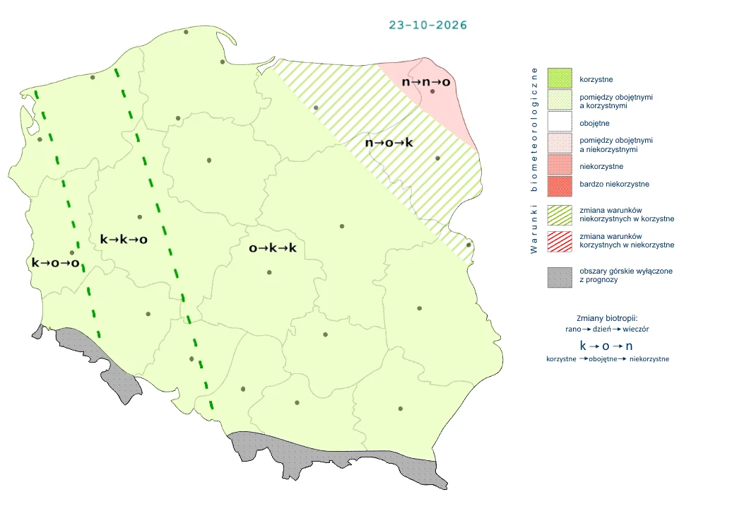 Mapa Polski z prognozą warunków biometeorologicznych, przedstawiająca korzystne i niekorzystne strefy biotropowe na 23 października 2026 roku.