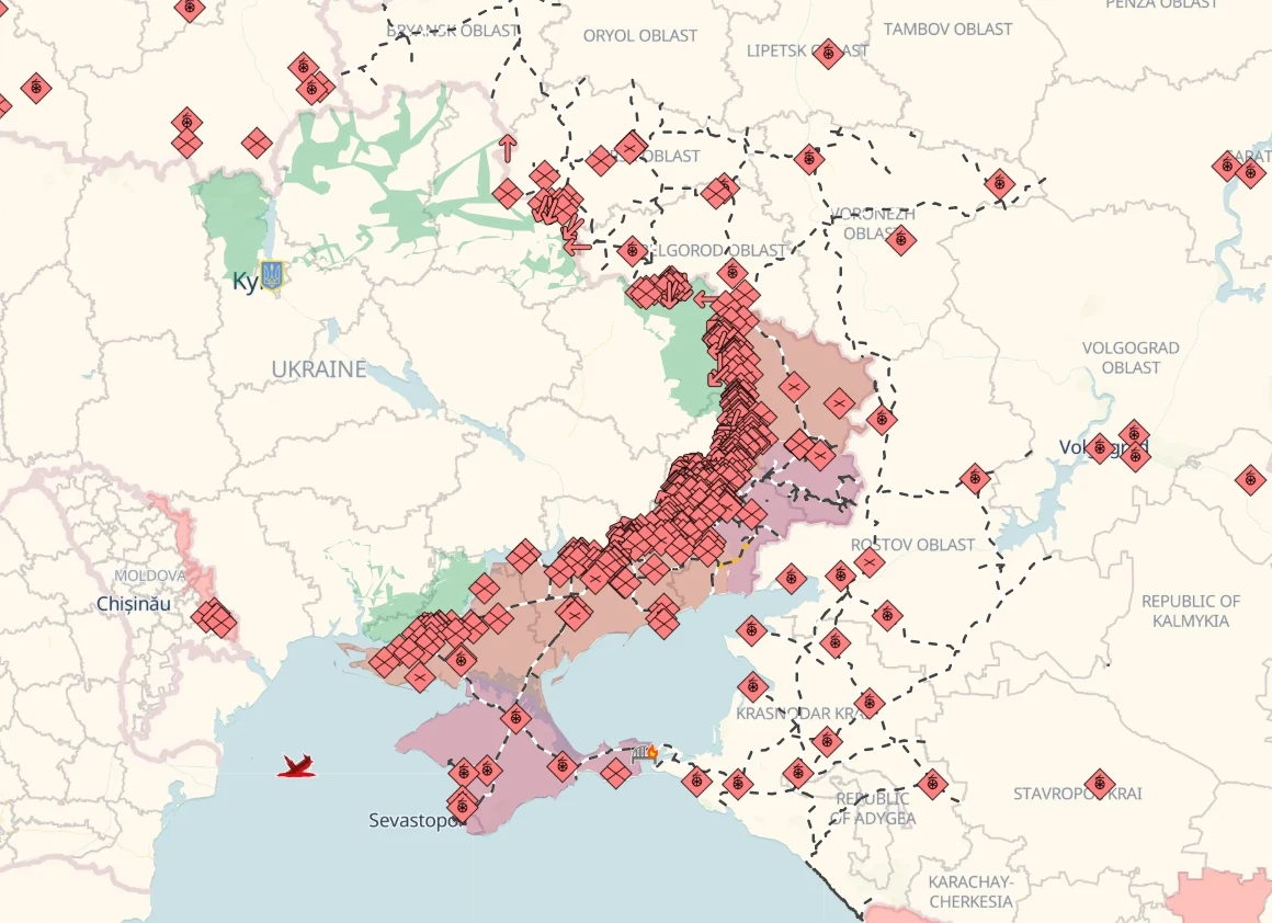 Obecna linia frontu w wojnie rosyjsko-ukraińskiej, stan na 23 października 2026 Mapa Europy Wschodniej przedstawiająca linię frontu w Ukrainie z licznymi czerwonymi znacznikami działań wojennych.
