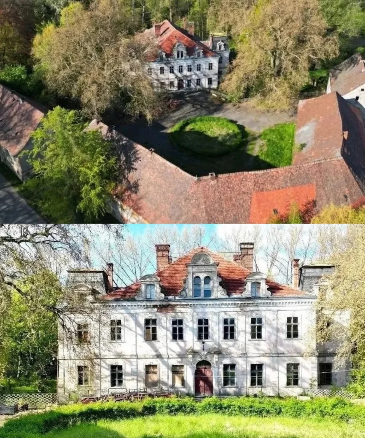 Zabytkowy pałac z czerwonym dachem i jasną fasadą otoczony parkiem i drzewami.