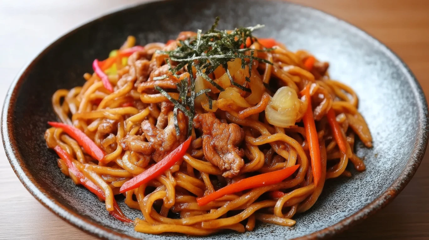 Makaron udon z aromatycznym sosem smakuje naprawdę genialnie Makaron udon z mięsem, papryką i cebulą podany na ciemnym talerzu