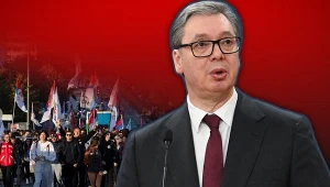 Alekasandar Vucić na tle marszu studentów