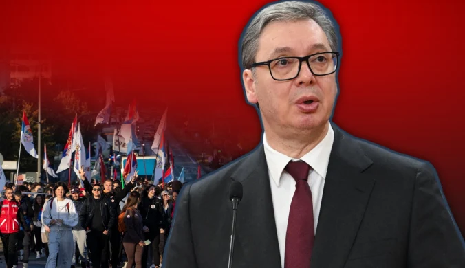 Alekasandar Vucić na tle marszu studentów