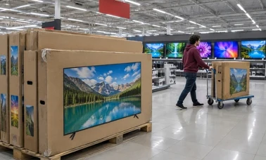 Paleta z dużymi kartonami telewizorów w hipermarkecie, w głębi mężczyzna ciągnie wózek z kartonem obok ściany włączonych telewizorów