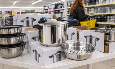 Szybkowar z wkładem do gotowania na parze na stole z kartonami w dyskoncie, obok miski, w tle klientka z żółtym koszykiem