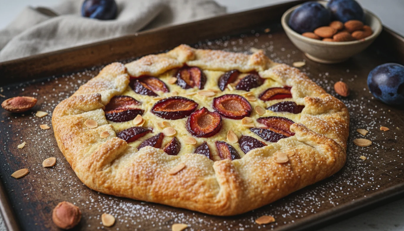 Galette ze śliwkami i cynamonem to pomysł na wyborny, jesienny deser. Sprawdź, jak przygotować rustykalną tartę z owocami. Rustykalna tarta z ciasta kruchego z połówkami śliwek i płatkami migdałów, podana na blasze do pieczenia. Galette śliwkowe.