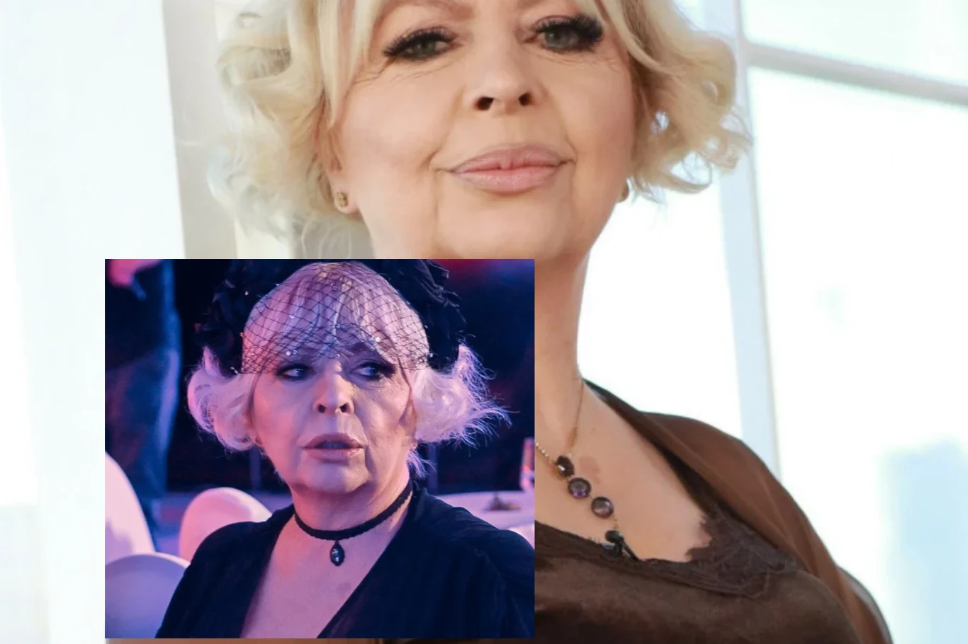 Violetta Arlak pokazałą się w niecodziennej stylizacji Starsza kobieta z jasnymi, kręconymi włosami w eleganckim stroju; na pierwszym planie jej portret w ciemnym ubraniu, z woalką na głowie i makijażem podkreślającym oczy.