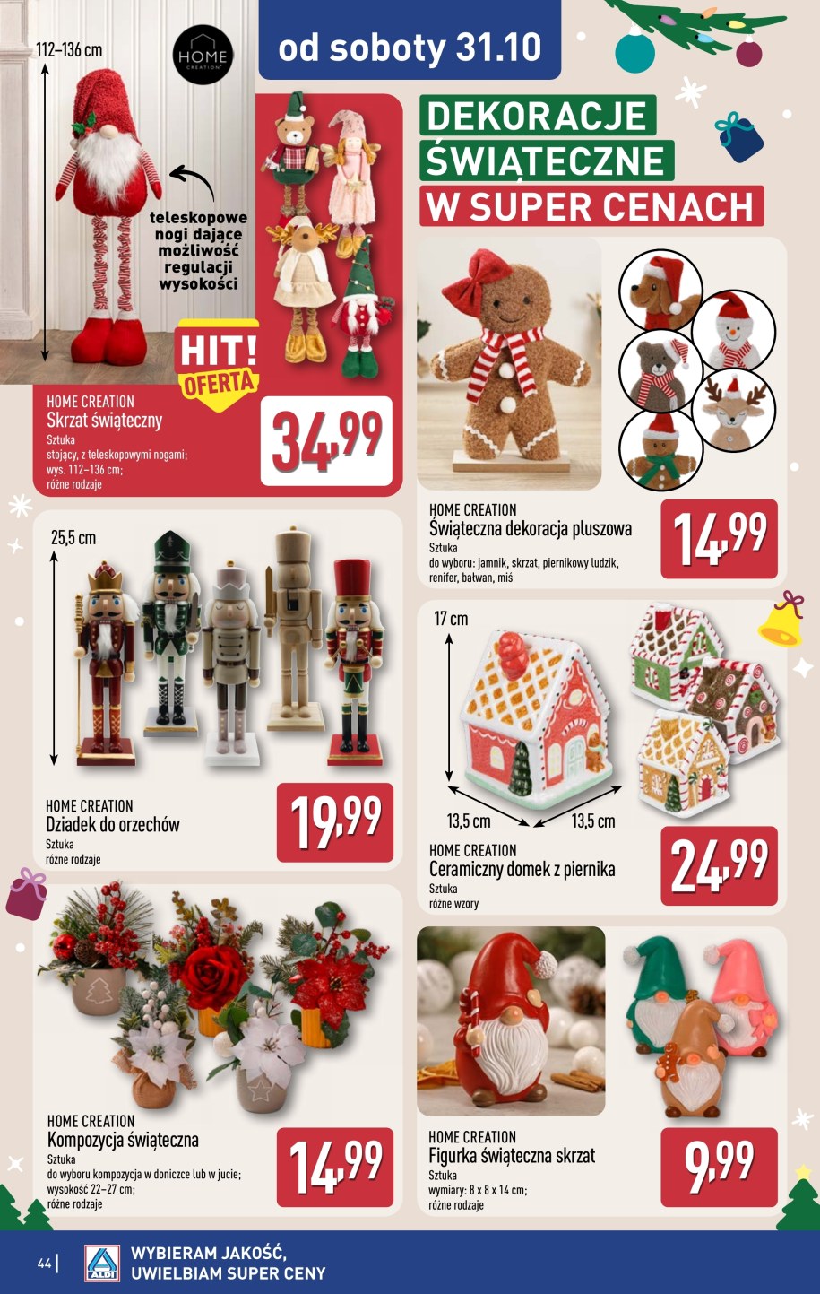 Strona gazetki Aldi ze skrzatem świątecznym na teleskopowych nogach za 34,99 zł i innymi dekoracjami od 31 października