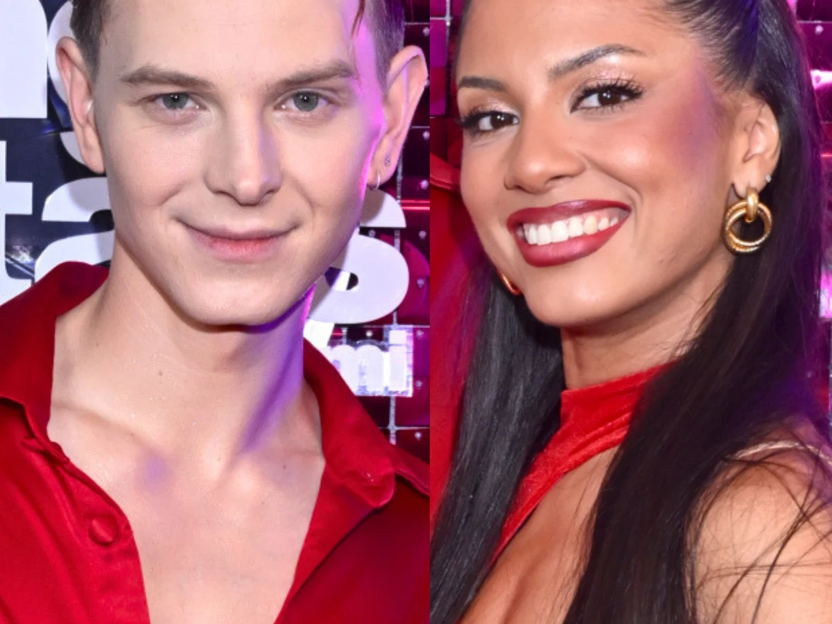 Dominik Rupiński i Estelle Francois Dominik Rupiński i Estelle Francois w czerwonych strojach na tle ścianki programu Taniec z gwiazdami.