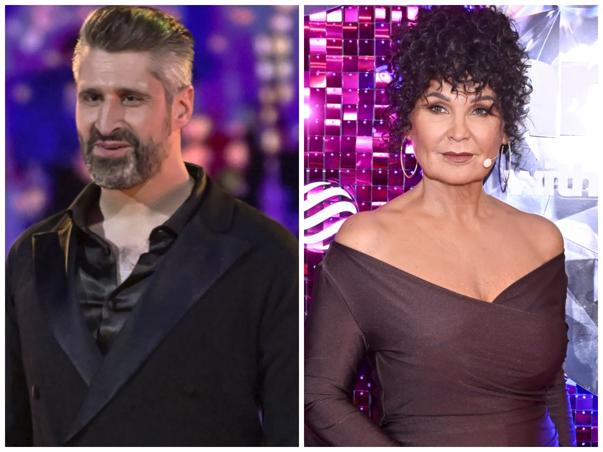 Piotr Gumulec, Iwona Pavlović Piotr Gumulec i Iwona Pavlović w studiu programu Taniec z gwiazdami na tle dekoracyjnej ściany.