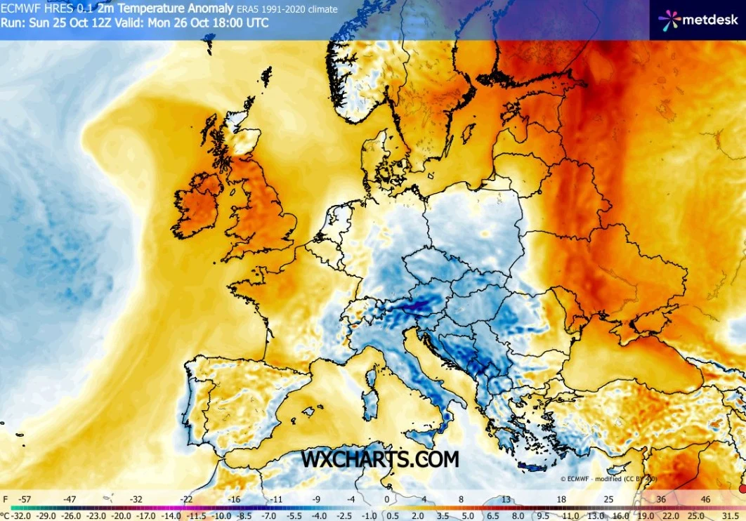 Poniedziałek będzie chłodny - w żadnym miejscu kraju IMGW nie prognozuje więcej niż 12 stopni Celsjusza Mapa Europy z zaznaczonymi anomaliami temperatury, gdzie chłodniejsze od normy obszary w centrum i południu kontynentu kontrastują z dużo cieplejszymi rejonami we wschodniej i północno-wschodniej części Europy.