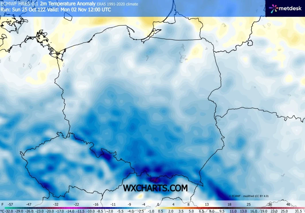 Pogoda na Zaduszki będzie jeszcze chłodniejsza niż na Wszystkich Świętych - wynika z prognoz IMGW Mapa Polski i okolicznych krajów z wyraźnie zaznaczonym gradientem anomalii temperatur, gdzie centrum kraju oraz południowe rejony charakteryzują się najniższymi odczytami temperatury względem normy z lat 1991-2020, ukazanymi intensywnymi odcieniami ni...