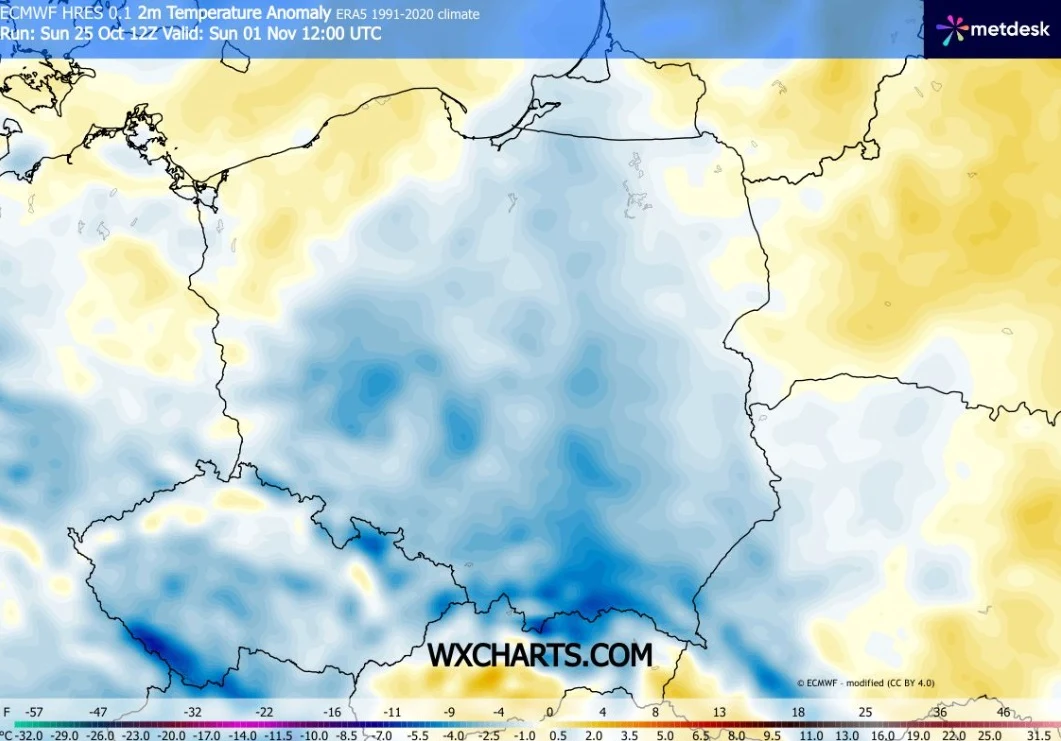 Pogoda na Wszystkich Świętych tylko miejscami przyniesie dwucyfrowe temperatury, w większości Polski będzie chłodniej Mapa Polski z wyraźnie zaznaczonym obszarem anomalii temperatury, gdzie duża część kraju jest pokryta odcieniami niebieskiego wskazującymi na znaczne ochłodzenie, podczas gdy północno-wschodnie i południowo-zachodnie regiony wykazują jaśniejsze, cieple...