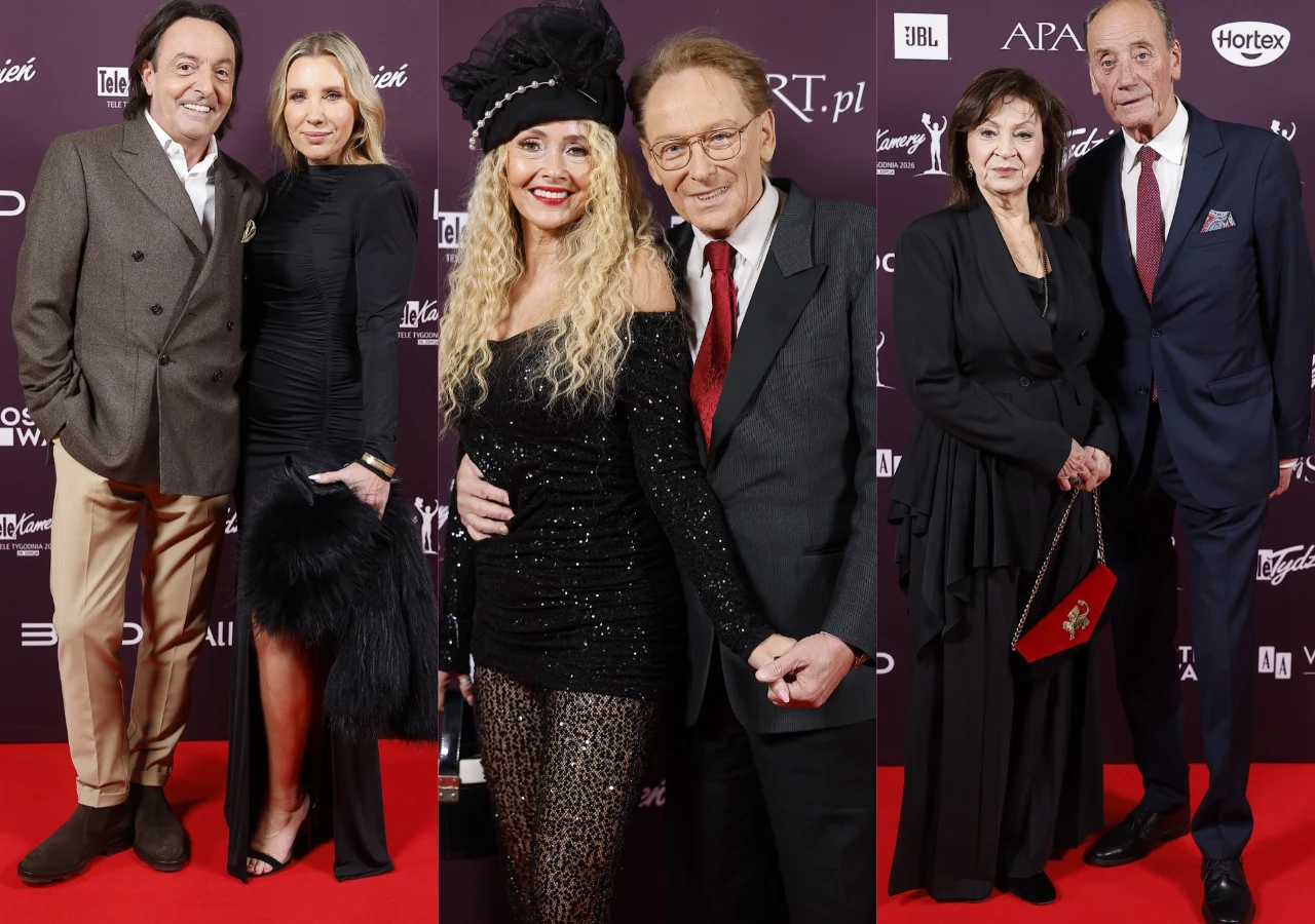 Telekamery 2026 - Michel Moran, Jolanta Borkowska, Jacek Borkowski, Grażyna Strachota-Szpakowska, Dariusz Szpakowski Trzy eleganckie pary pozują na czerwonym dywanie podczas wieczornej gali na tle ściany z logotypami partnerów wydarzenia, każda z osób ubrana w wieczorowe stroje podkreślające charakter uroczystości.