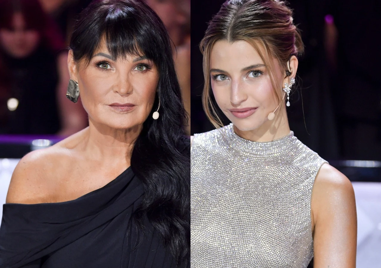 Iwona Pavlović i Julia Wieniawa w programie "Taniec z gwiazdami" Iwona Pavlović w czarnej sukni i Julia Wieniawa srebrnej kreacji w programie "Taniec z gwiazdami"