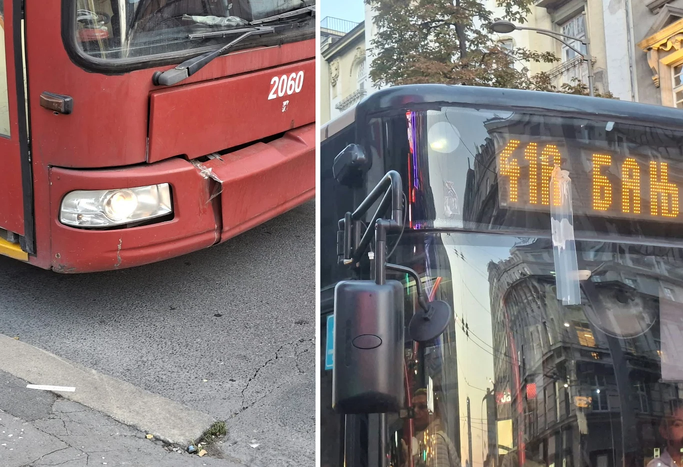 Uszkodzony przód czerwonego autobusu z widoczną pękniętą osłoną zderzaka, po prawej stronie fragment czarnego autobusu z tablicą świetlną z napisem w cyrylicy i odbiciem miejskiej zabudowy w szybie.