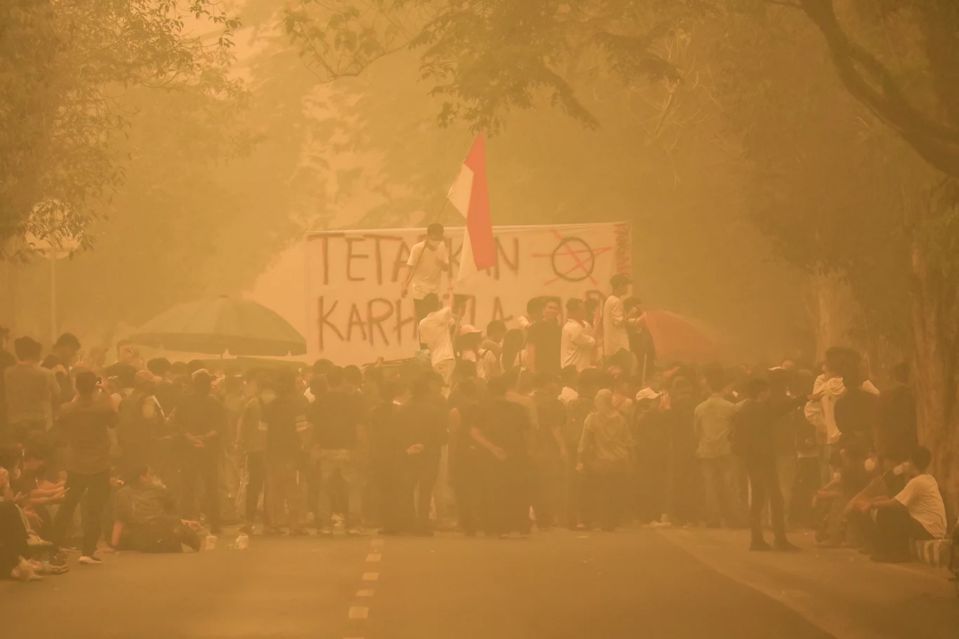 Nieudolność indonezyjskiego rządu w radzeniu sobie z katastrofą wywołuje uliczne protesty Tłum ludzi zgromadzonych na ulicy wśród gęstego dymu, na pierwszym planie widoczny baner z napisem oraz osoba trzymająca biało-czerwoną flagę.