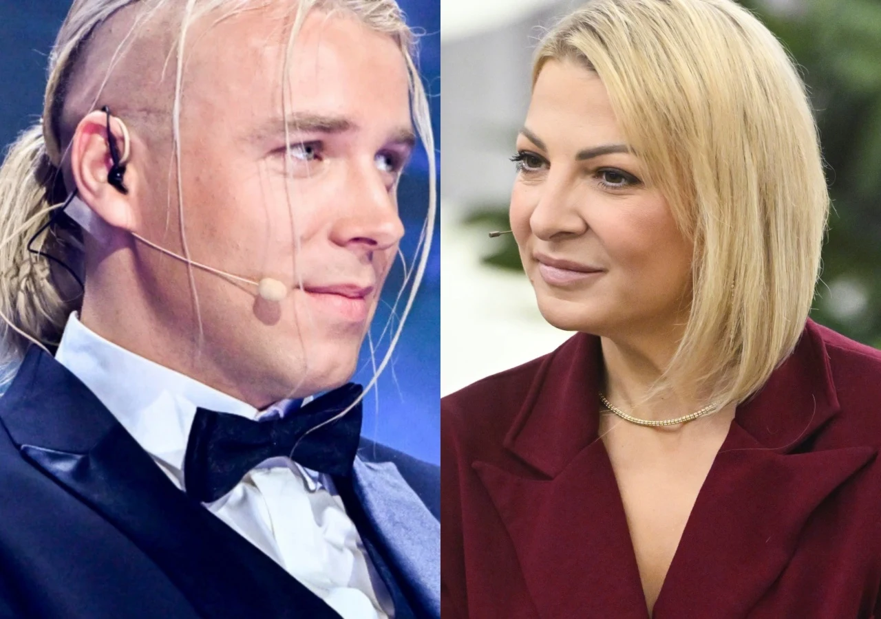 Skolim, Magdalena Narożna Skolim i Magdalena Narożna. Artysta w smokingu z mikrofonem i piosenkarka w bordowym żakiecie na zestawieniu zdjęć.