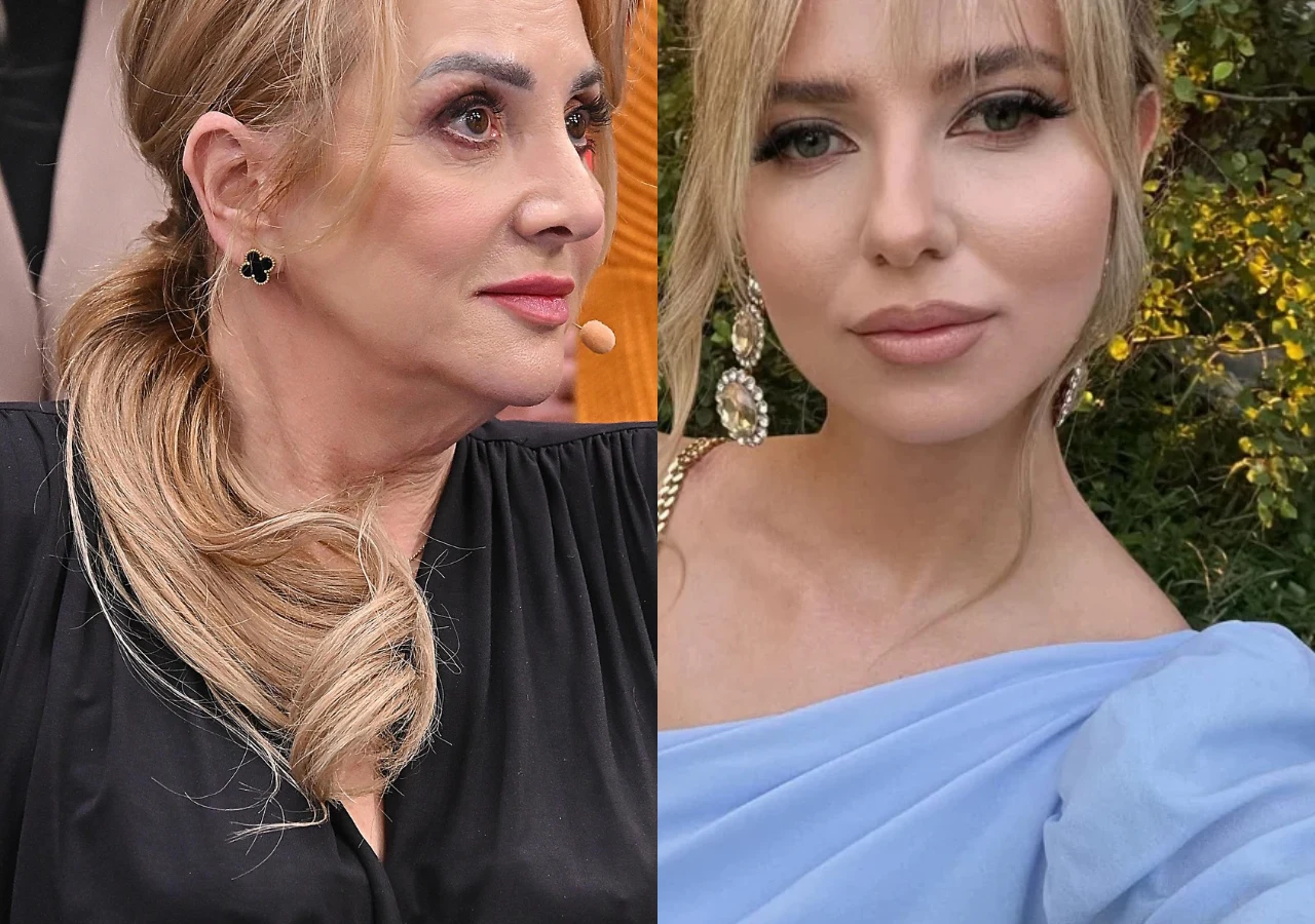 Danuta Martyniuk i Faustyna Martyniuk Danuta Martyniuk w czarnej bluzce i Faustyna Martyniuk, żona Daniela Martyniuka, w wieczorowej kreacji i ozdobnych kolczykach