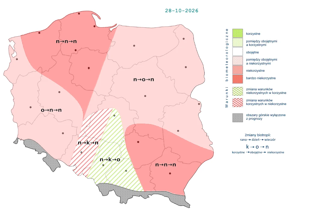 W większości Polski z powodu sporego zachmurzenia warunki w środę będą niekorzystne Mapa Polski z wyraźnie zaznaczonymi obszarami o różnym rodzaju zachmurzenia, pokolorowanymi w odcieniach czerwieni, różu i zieleni, z opisami warunków obserwacyjnych oraz legendą po prawej stronie wyjaśniającą kolory oraz oznaczenia literowe.